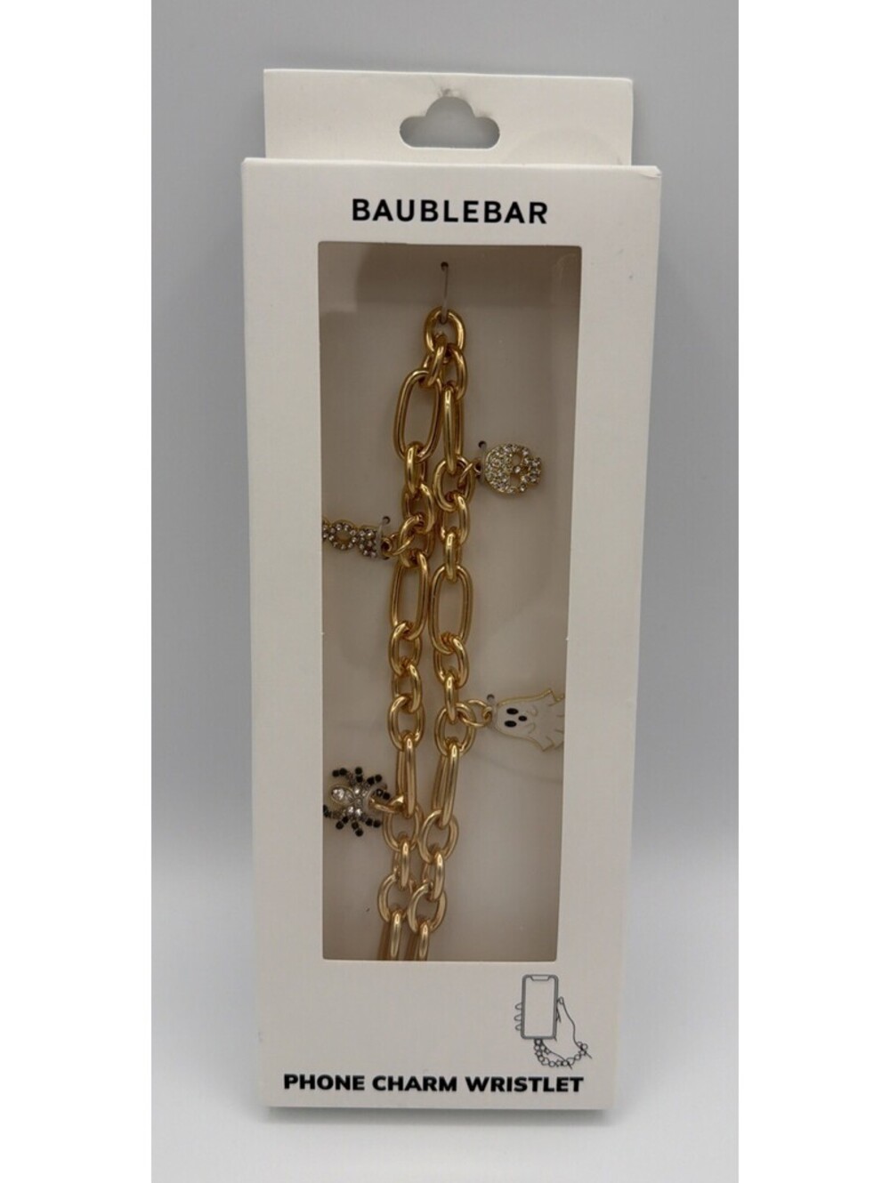 BaubleBar Phone Charm Wristlet NIB Gold Spooky Ghost Skull 12” Chain